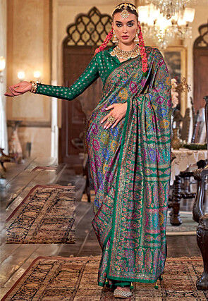 Digital Printed Viscose Silk Saree in Dark Green