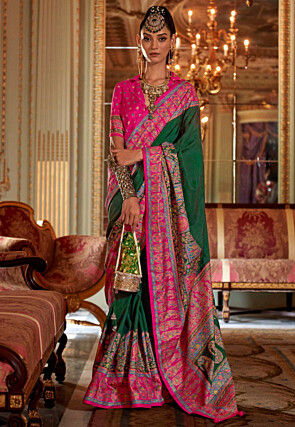 Digital Printed Viscose Silk Saree in Dark Green