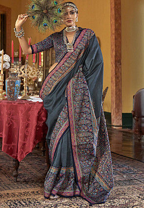 Digital Printed Viscose Silk Saree in Dark Grey