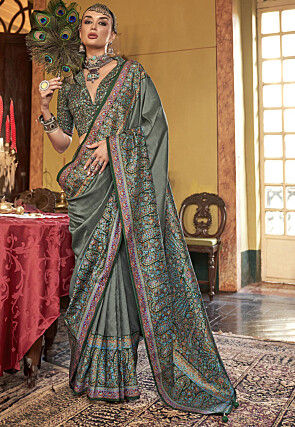 Digital Printed Viscose Silk Saree in Dusty Green