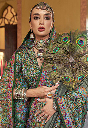 Digital Printed Viscose Silk Saree in Dusty Green