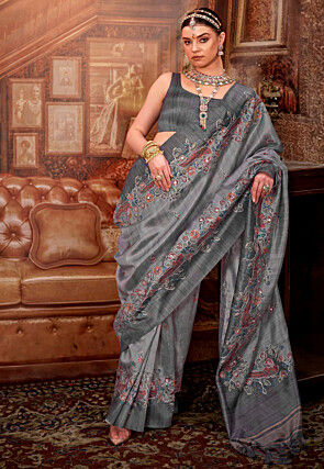Digital Printed Viscose Silk Saree in Grey
