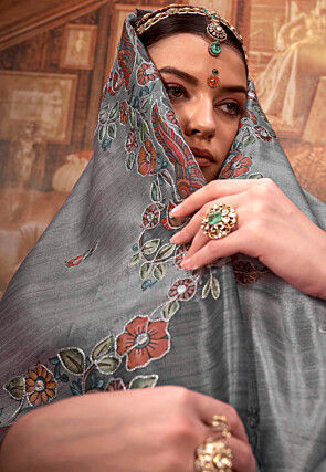 Digital Printed Viscose Silk Saree in Grey