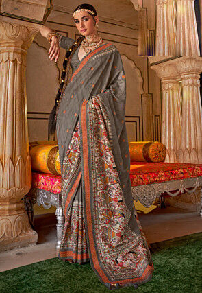Digital Printed Viscose Silk Saree in Grey