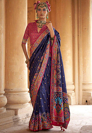 Digital Printed Viscose Silk Saree in Navy Blue