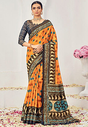 Digital Printed Viscose Silk Saree in Orange