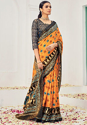 Digital Printed Viscose Silk Saree in Orange