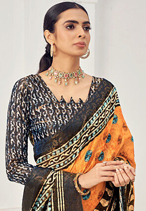 Digital Printed Viscose Silk Saree in Orange