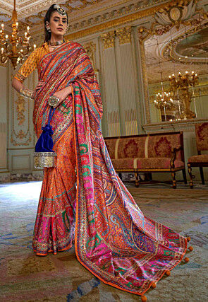 Digital Printed Viscose Silk Saree in Orange