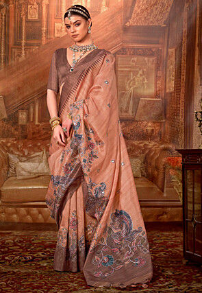 Digital Printed Viscose Silk Saree in Peach
