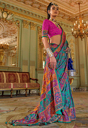 Digital Printed Viscose Silk Saree in Teal Green