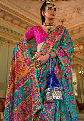 Digital Printed Viscose Silk Saree in Teal Green