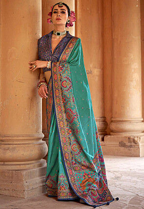 Digital Printed Viscose Silk Saree in Teal Green
