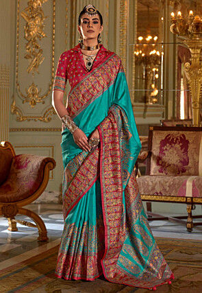 Digital Printed Viscose Silk Saree in Turquoise