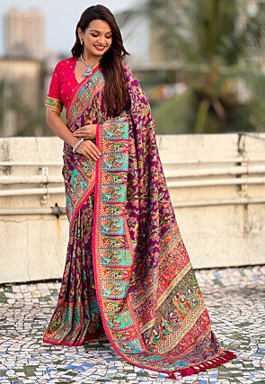 Digital Printed Viscose Silk Saree in Violet