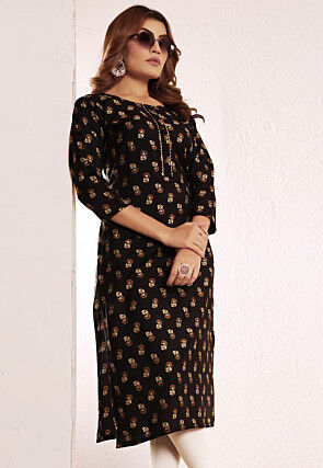 Digital Printed Viscose Silk Straight Kurta in Black