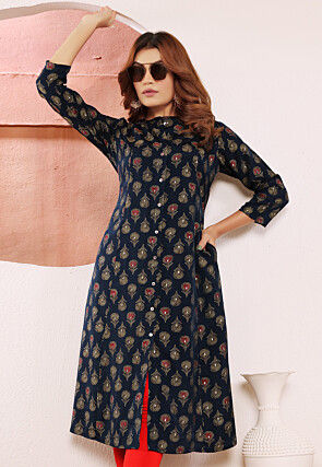 Printed Viscose Silk Straight Kurta in Navy Blue