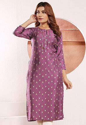 Digital Printed Viscose Silk Straight Kurta in Purple