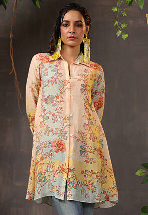 Digital Printed Viscose Silk Tunic in Light Peach