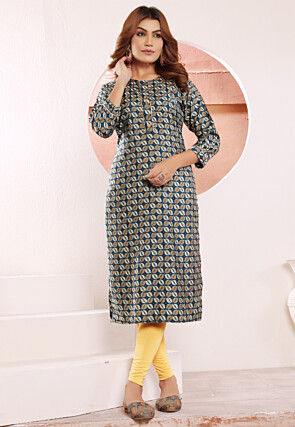 Digital Printed Viscose Rayon Straight Kurta in Navy Blue
