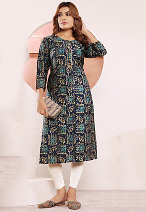 Digital Printed Viscose Rayon Straight Kurta in Navy Blue