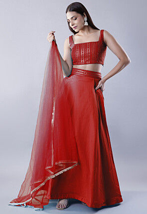 Embroidered Dupion Silk Lehenga in Maroon