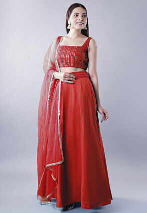 Embroidered Dupion Silk Lehenga in Maroon