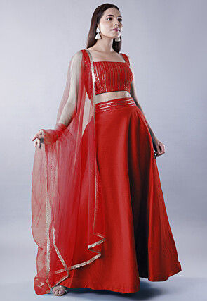 Embroidered Dupion Silk Lehenga in Maroon