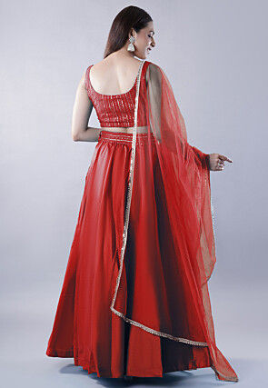 Embroidered Dupion Silk Lehenga in Maroon