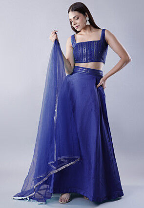 Embroidered Dupion Silk Lehenga in Navy Blue