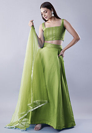 Embroidered Dupion Silk Lehenga in Olive Green