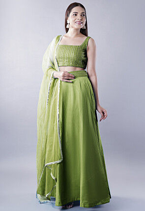 Embroidered Dupion Silk Lehenga in Olive Green
