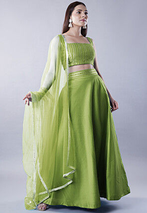 Embroidered Dupion Silk Lehenga in Olive Green