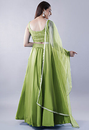 Embroidered Dupion Silk Lehenga in Olive Green