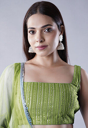 Embroidered Dupion Silk Lehenga in Olive Green