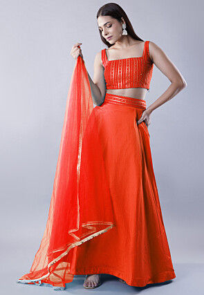 Embroidered Dupion Silk Lehenga in Orange