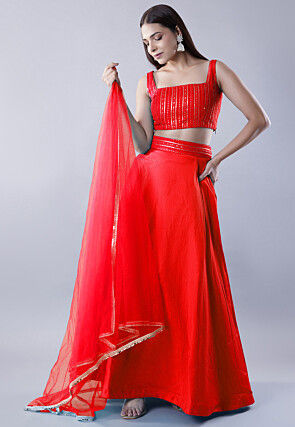 Embroidered Dupion Silk Lehenga in Red