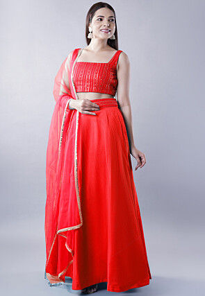 Embroidered Dupion Silk Lehenga in Red