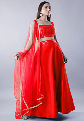 Embroidered Dupion Silk Lehenga in Red