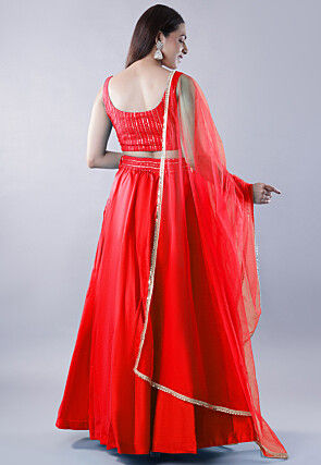 Embroidered Dupion Silk Lehenga in Red