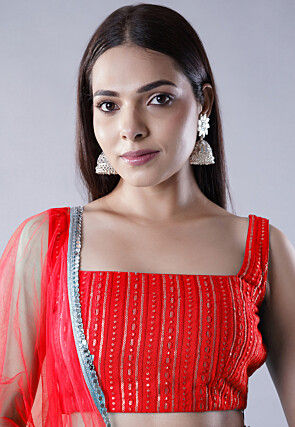 Embroidered Dupion Silk Lehenga in Red