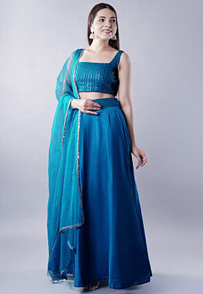 Embroidered Dupion Silk Lehenga in Teal Blue