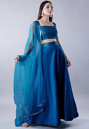 Embroidered Dupion Silk Lehenga in Teal Blue