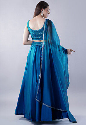 Embroidered Dupion Silk Lehenga in Teal Blue