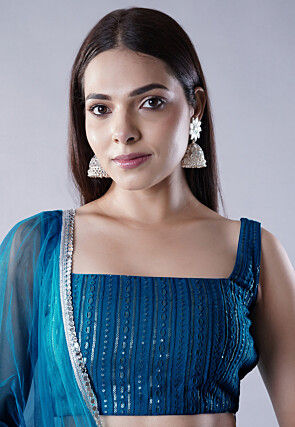 Embroidered Dupion Silk Lehenga in Teal Blue