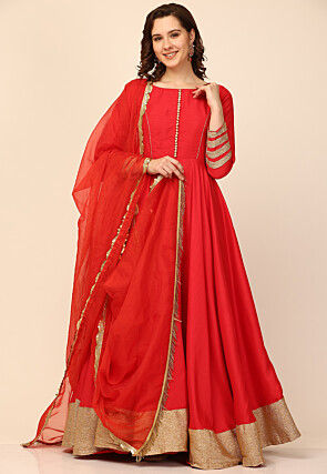 Embellished Art Silk Abaya Style Suit in Red