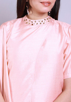 Embellished Art Silk Asymmetric Top in Baby Pink