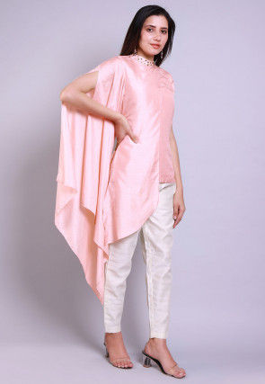 Embellished Art Silk Asymmetric Top in Baby Pink