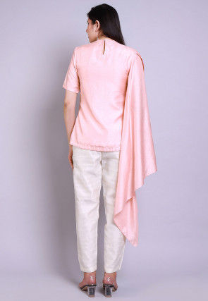 Embellished Art Silk Asymmetric Top in Baby Pink