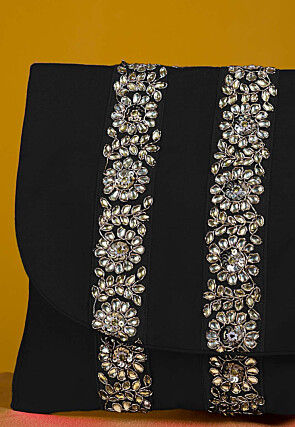Embellished Art Silk Clutch Bag in Black